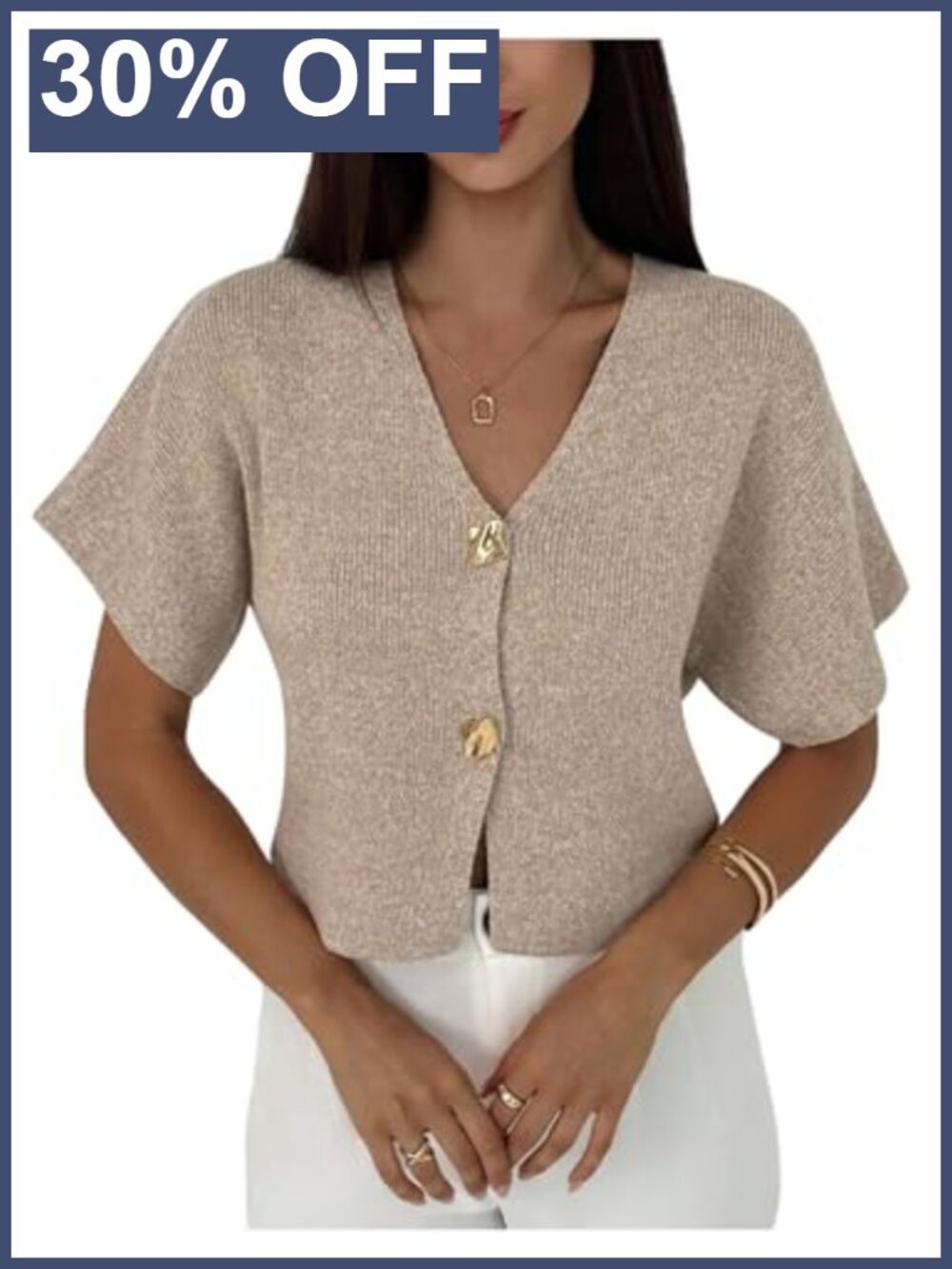 Women's Short Sleeve V Neck Rib Knit Cardigan Sweater Lightweight